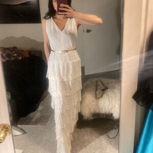 Bernie Bee Vintage White Goddess Fringe dress 60’s 70’s M rhinestone drop waist